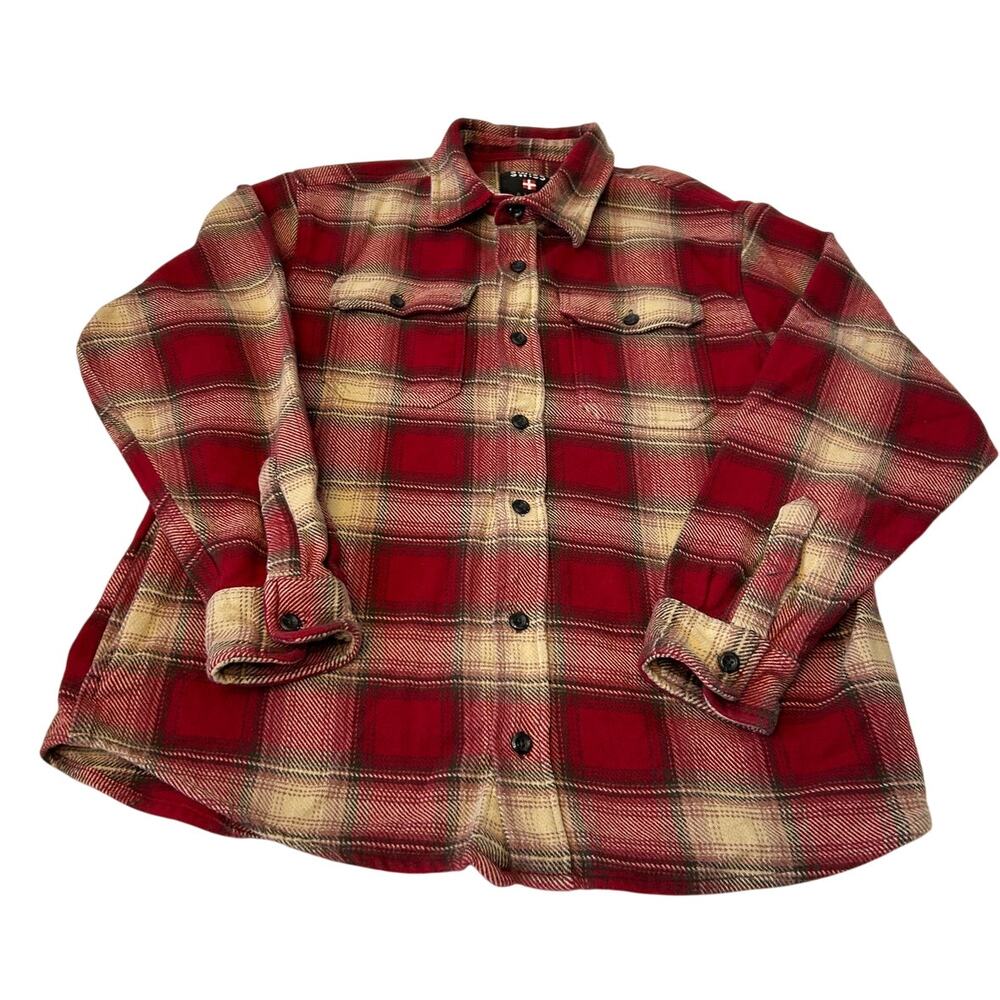 Swiss Alps Men's Shirt Jacket Red Plaid Cotton Button Down Shacket Size L